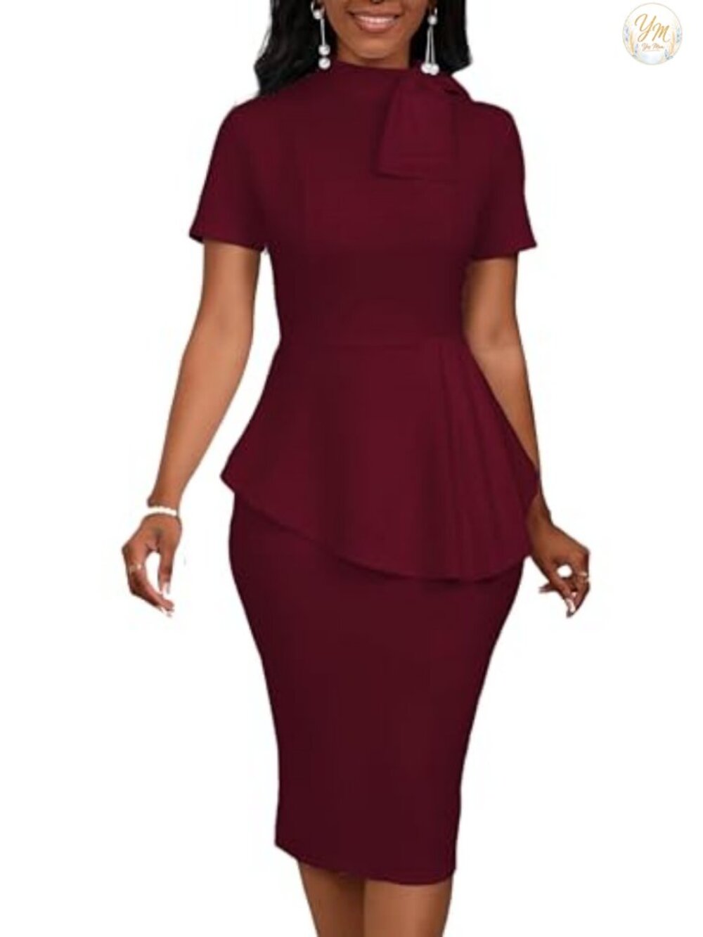 Spandex Polyester Peplum Bodycon Midi Dress Short Sleeve Semi Formal Work
